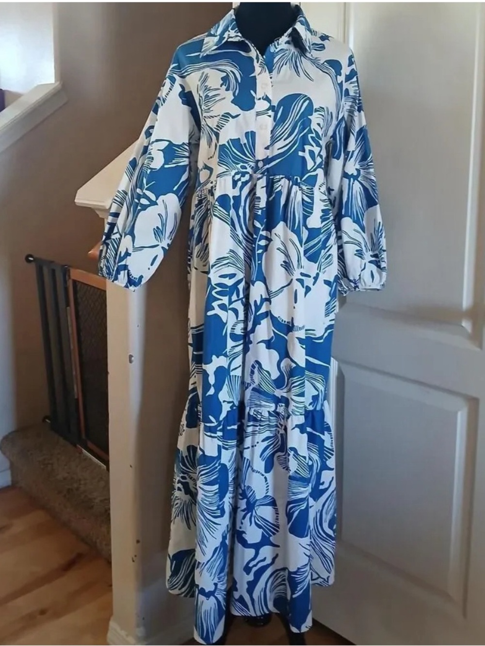 Anthropologie Maeve Women XXS Bettina Tiered Shirt Dress Blue Floral 3/4 Sleeves - Picture 5 of 9